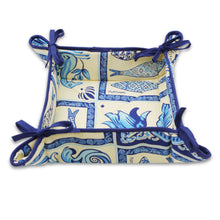 Load image into Gallery viewer, Portuguese Azulejo Inspired Cotton Bread Basket with Decorative Ties, Blue and Cream