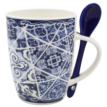 Load image into Gallery viewer, Portuguese Azulejo Blue Tile Patterned Ceramic Mug Set with Stirring Spoon and Gift Box