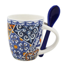 Load image into Gallery viewer, Traditional Blue & Orange Tile Azulejo Ceramic Espresso Cup with Stirring Spoon and Gift Box