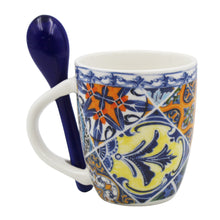 Load image into Gallery viewer, Traditional Blue & Orange Tile Azulejo Ceramic Espresso Cup with Stirring Spoon and Gift Box