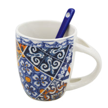 Load image into Gallery viewer, Traditional Blue & Orange Tile Azulejo Ceramic Espresso Cup with Stirring Spoon and Gift Box