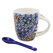 Load image into Gallery viewer, Traditional Blue & Orange Tile Azulejo Ceramic Espresso Cup with Stirring Spoon and Gift Box