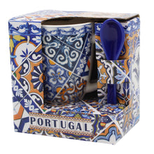 Load image into Gallery viewer, Traditional Blue & Orange Tile Azulejo Ceramic Espresso Cup with Stirring Spoon and Gift Box
