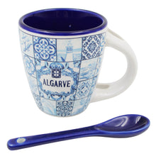 Load image into Gallery viewer, Algarve Blue Azulejo Pattern Ceramic Espresso Cup with Integrated Spoon