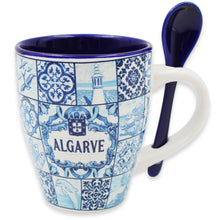 Load image into Gallery viewer, Algarve Blue Azulejo Pattern Ceramic Mug with Integrated Spoon