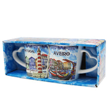 Load image into Gallery viewer, Traditional Blue Aveiro Portugal Ceramic Double Mug with Heart Handle, Set of 2