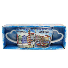 Load image into Gallery viewer, Traditional Blue Aveiro Portugal Ceramic Double Mug with Heart Handle, Set of 2