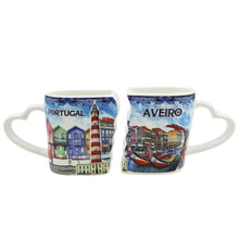 Load image into Gallery viewer, Traditional Blue Aveiro Portugal Ceramic Double Mug with Heart Handle, Set of 2