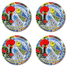 Load image into Gallery viewer, Set of 4 Ceramic Coasters with Cork Backing – Traditional Portuguese Imagery, Azulejo Background, Rooster & Sardine Design