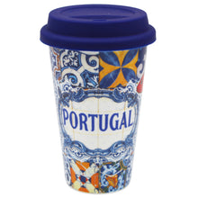 Load image into Gallery viewer, Ceramic Mug with Silicone Lid - Vibrant Portuguese Icons Azulejo Pattern