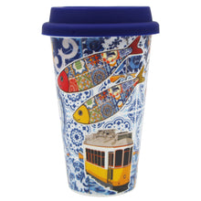 Load image into Gallery viewer, Ceramic Mug with Silicone Lid - Vibrant Portuguese Icons Azulejo Pattern