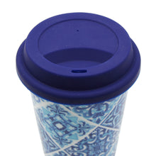 Load image into Gallery viewer, Ceramic Mug with Silicone Lid - Blue and White Portuguese Azulejo Pattern