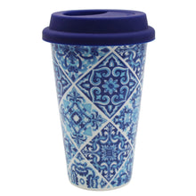 Load image into Gallery viewer, Ceramic Mug with Silicone Lid - Blue and White Portuguese Azulejo Pattern