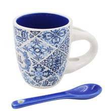Load image into Gallery viewer, Portuguese Blue and White Azulejo Pattern Ceramic Espresso Cup with Spoon