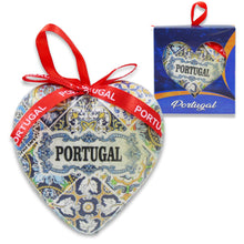 Load image into Gallery viewer, Heart-Shaped Portugal Christmas Ornament with Azulejo Tile Design and Ribbon