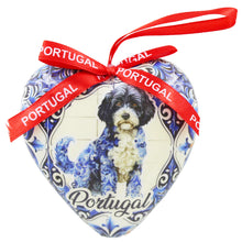 Load image into Gallery viewer, Heart-Shaped Portugal Christmas Ornament with Portuguese Water Dog Azulejo Tile Design and Ribbon