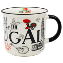 Load image into Gallery viewer, Portuguese Ceramic Coffee Mug – Black & White Portugal Landmarks with Rooster and Tram Design, 12 oz