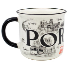 Load image into Gallery viewer, Portuguese Ceramic Coffee Mug – Black & White Portugal Landmarks with Rooster and Tram Design, 12 oz