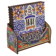 Load image into Gallery viewer, Algarve Themed Azulejo Pattern Wooden Coasters - Set of 6 with Holder