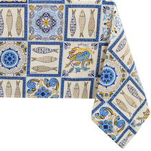 Load image into Gallery viewer, 100% Cotton Tablecloth with Portuguese Blue & Yellow Azulejo Pattern – Decorative Sardine and Floral Designs