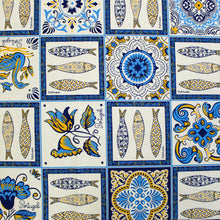 Load image into Gallery viewer, 100% Cotton Tablecloth with Portuguese Blue & Yellow Azulejo Pattern – Decorative Sardine and Floral Designs