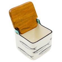 Load image into Gallery viewer, Portuguese Ceramic Salt Holder with Sardine Design and Wooden Lid