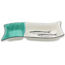 Load image into Gallery viewer, Portuguese Ceramic Divided Serving Dish with Sardine Design and Green Accent