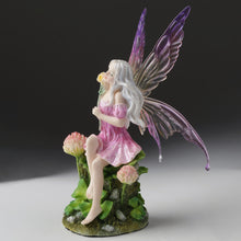 Load image into Gallery viewer, Pink Fairy and the Clovers Figurine – Seated Fairy Statue with Yellow Flower and Purple Wings