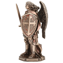 Load image into Gallery viewer, Archangel Saint Michael Figurine – Cold Cast Bronze Statue Wielding Sword and Shield