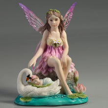 Load image into Gallery viewer, Lotus Fairy with Baby and Swan Figurine – Pink Fairy Statue on Water Scene