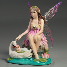 Load image into Gallery viewer, Lotus Fairy with Baby and Swan Figurine – Pink Fairy Statue on Water Scene
