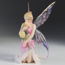 Load image into Gallery viewer, Kneeling Fairy Figurine with Yellow Rose – Pink and Purple Winged Fairy Statue