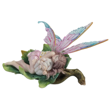 Load image into Gallery viewer, Sleeping Fairy Figurine on Leaf with Bunny – Pastel Winged Fairy Statue