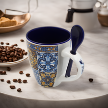 Load image into Gallery viewer, Traditional Portuguese Blue & Orange Tile Azulejo Ceramic Mug with Spoon
