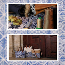 Load image into Gallery viewer, Praceta Lisboa Blue Canvas Tote Bag with Cream Azulejo Tile Design and Leather Straps