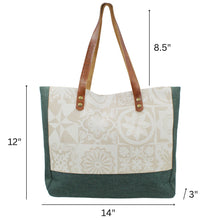 Load image into Gallery viewer, Canvas Tote Bag with Beige Azulejo Tile Pattern, Green Bottom, and Leather Straps