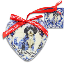 Load image into Gallery viewer, Heart-Shaped Portugal Christmas Ornament with Portuguese Water Dog Azulejo Tile Design and Ribbon