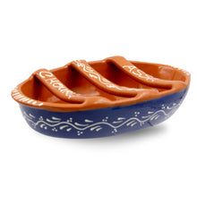 Load image into Gallery viewer, Hand-Painted Terracotta Sausage Roaster Blue or Yellow Design