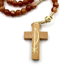 Load image into Gallery viewer, Our Lady of Fatima Honey Glass Rosary/Necklace on Rope with Wooden Beads