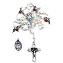 Load image into Gallery viewer, Our Lady of Fatima White Pearl Rosary w/ Angel Wings and Fatima Medal