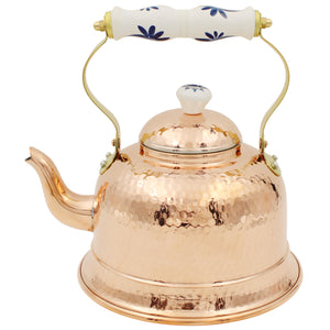 Hand Hammered Copper Tea Kettle with Ceramic Handle and Decorative Lid