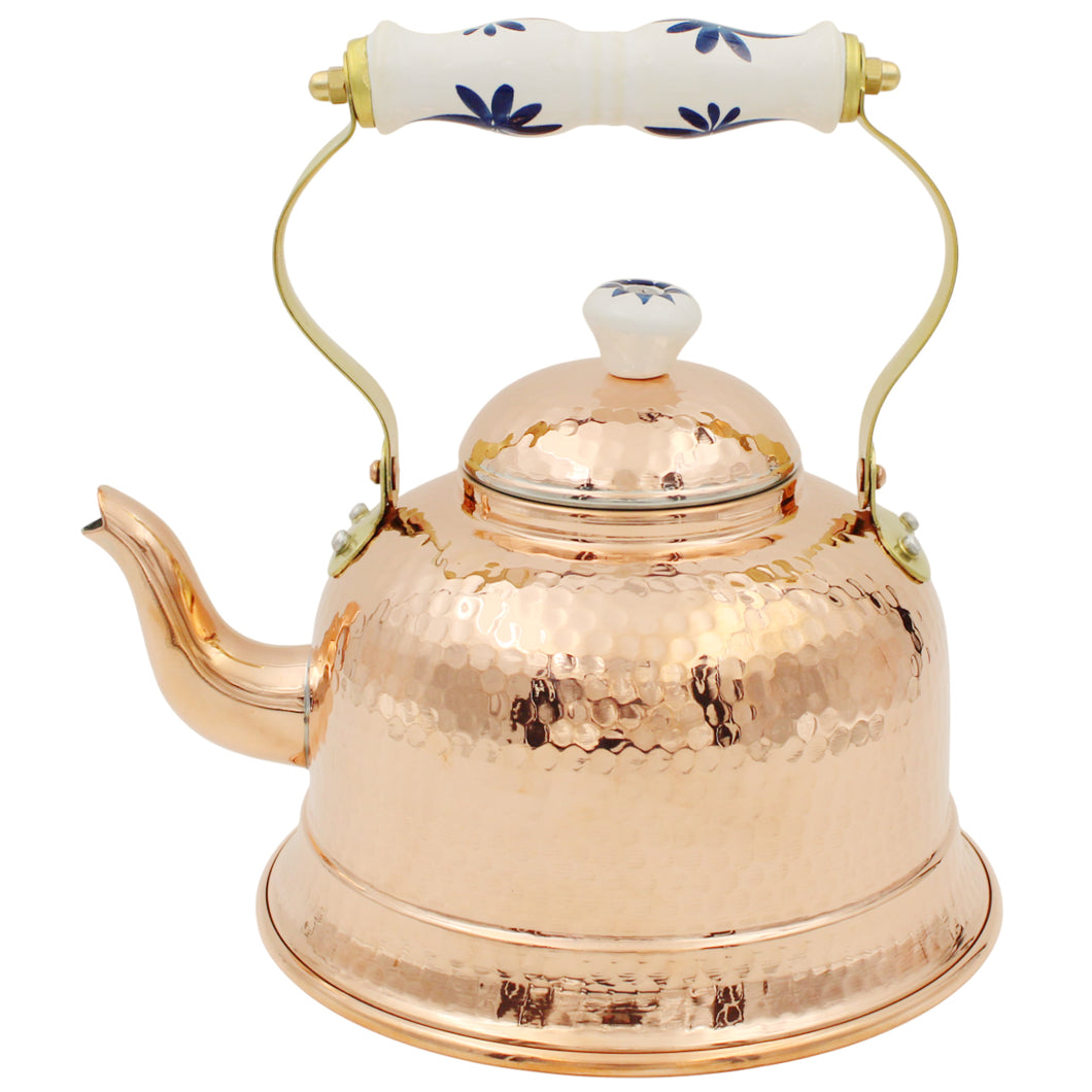 Hand Hammered Copper Tea Kettle with Ceramic Handle and Decorative Lid