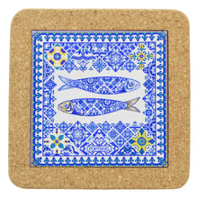Load image into Gallery viewer, Portuguese Cork &amp; Ceramic Tile Trivet with Azulejo Sardine Design
