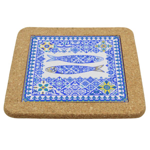 Portuguese Cork & Ceramic Tile Trivet with Azulejo Sardine Design
