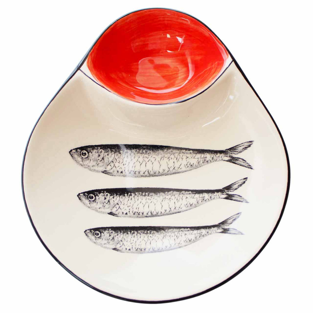 Portuguese Ceramic Olive Dish with Sardine Design and Pit Holder - Red