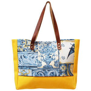 Praceta Lisboa Yellow Canvas Tote Bag with Blue Azulejo Tile Design and Leather Straps