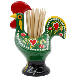 Traditional Hand-Painted Portuguese Good Luck Rooster Metal Toothpick Holder, 3.25"