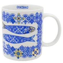 Load image into Gallery viewer, Portuguese Ceramic Mug with Blue and Yellow Sardine and Tile Design, 12 oz
