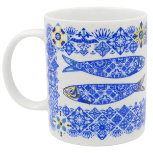 Portuguese Ceramic Mug with Blue and Yellow Sardine and Tile Design, 12 oz