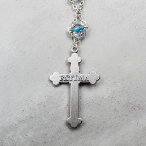 Our Lady of Fatima Rosary with Clear & Blue Beads, Medallion, and Case